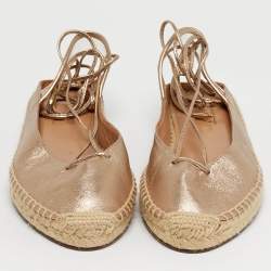 Pre Owned Aquazzura Gold Leather and PVC  Ankle Wrap Espadrille Flat Size 35.5