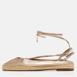 Pre Owned Aquazzura Gold Leather and PVC  Ankle Wrap Espadrille Flat Size 35.5