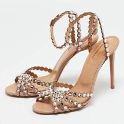 Pre Owned Aquazzura Tequila Size 38 Beige Leather Ankle Strap Sandals