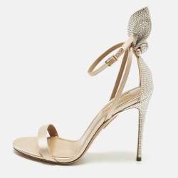 Pre Owned Aquazzura Bow Tie Size 37 Powder Pink/Silver  Satin Crystal Embellished Ankle Strap Sandals