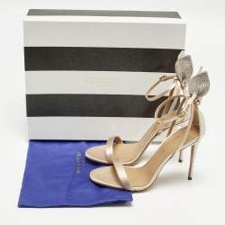 Pre Owned Aquazzura Bow Tie Size 37 Powder Pink/Silver Satin Crystal Embellished Ankle Strap Sandals