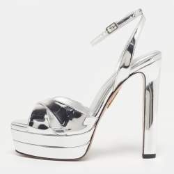Pre Owned Aquazzura Divine Plateau Size 38 Silver Patent Leather Platform Ankle Strap Sandals