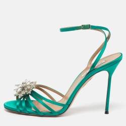 Pre Owned Aquazzura Stardust Size 42 Emerald Satin Ankle Strap Sandals