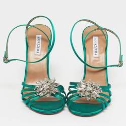 Pre Owned Aquazzura Stardust Size 42 Emerald Satin Ankle Strap Sandals