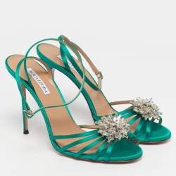 Pre Owned Aquazzura Stardust Size 42 Emerald Satin Ankle Strap Sandals