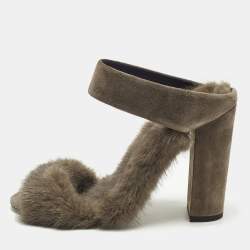 مملوكة مسبقًا Aquazzura Size 39.5 Grey Mink Fur and Suede Ankle Strap Sandals