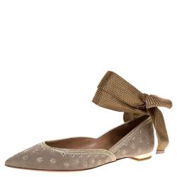 مملوكة مسبقًا Aquazzura Grey Embroidered Suede Leather Bliss Ankle Wrap Ballet Flats Size 37