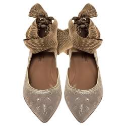 مملوكة مسبقًا Aquazzura Grey Embroidered Suede Leather Bliss Ankle Wrap Ballet Flats Size 37