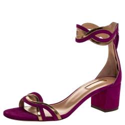 Pre Owned Aquazzura Purple/Gold Suede and Patent Leather Moon Ray Sandals Size 37.5