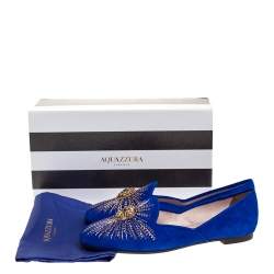 Pre Owned Aquazzura Royal Blue Suede Sunlight Embellished Loafers Size 38