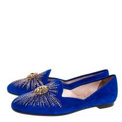 Pre Owned Aquazzura Royal Blue Suede Sunlight Embellished Loafers Size 38
