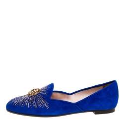 Pre Owned Aquazzura Royal Blue Suede Sunlight Embellished Loafers Size 38