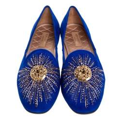 Pre Owned Aquazzura Royal Blue Suede Sunlight Embellished Loafers Size 38
