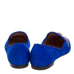 Pre Owned Aquazzura Royal Blue Suede Sunlight Embellished Loafers Size 38