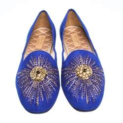 Pre Owned Aquazzura Royal Blue Suede Sunlight Embellished Loafers Size 39