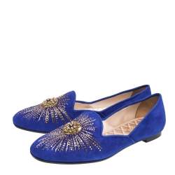 Pre Owned Aquazzura Royal Blue Suede Sunlight Embellished Loafers Size 39