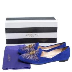 Pre Owned Aquazzura Royal Blue Suede Sunlight Embellished Loafers Size 39