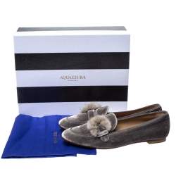 Pre Owned Aquazzura Grey Velvet And Mink Fur Buckle Slip On Loafers Size 38