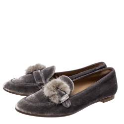 Pre Owned Aquazzura Grey Velvet And Mink Fur Buckle Slip On Loafers Size 38