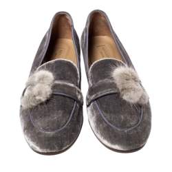 Pre Owned Aquazzura Grey Velvet And Mink Fur Buckle Slip On Loafers Size 38