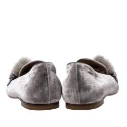 Pre Owned Aquazzura Grey Velvet And Mink Fur Buckle Slip On Loafers Size 38