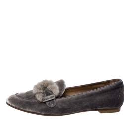 Pre Owned Aquazzura Grey Velvet And Mink Fur Buckle Slip On Loafers Size 38