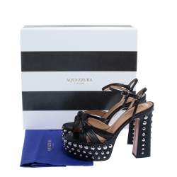 Pre Owned Aquazzura Black Leather Opera Studded Platform Ankle Strap Sandals Size 36.5