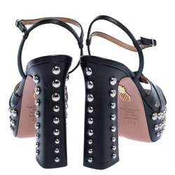 Pre Owned Aquazzura Black Leather Opera Studded Platform Ankle Strap Sandals Size 36.5