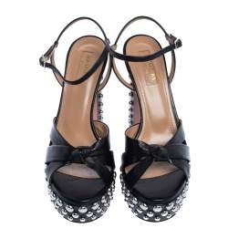 Pre Owned Aquazzura Black Leather Opera Studded Platform Ankle Strap Sandals Size 36.5