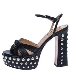 Pre Owned Aquazzura Black Leather Opera Studded Platform Ankle Strap Sandals Size 36.5