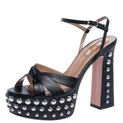 Pre Owned Aquazzura Black Leather Opera Studded Platform Ankle Strap Sandals Size 36.5