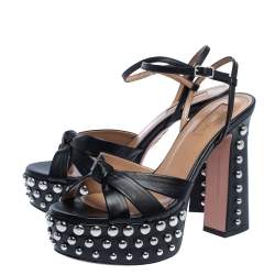 Pre Owned Aquazzura Black Leather Opera Studded Platform Ankle Strap Sandals Size 36.5