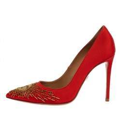 Aquazzura Red Moire Fabric Sunlight Embellished Pointed Toe Pumps Size 36