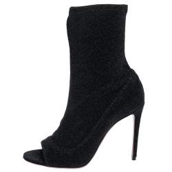 Pre Owned Aquazzura Black Lurex Fabric Eclair Peep Toe Ankle Boots Size 38