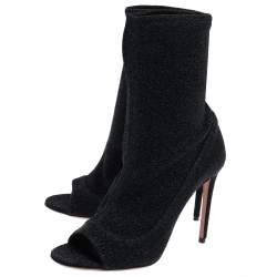 Pre Owned Aquazzura Black Lurex Fabric Eclair Peep Toe Ankle Boots Size 38