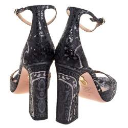 Pre Owned Aquazzura Black/Grey Disco Jacquard Fabric Capucine Ankle Strap Sandals Size 40