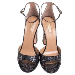 Pre Owned Aquazzura Black/Grey Disco Jacquard Fabric Capucine Ankle Strap Sandals Size 40