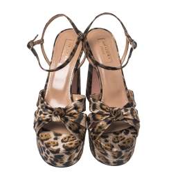 Pre Owned Aquazzura Caramel Leopard Print Jacquard Fabric Baba Plateau Platform Ankle Strap Sandals Size 38