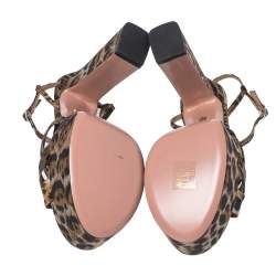 Pre Owned Aquazzura Caramel Leopard Print Jacquard Fabric Baba Plateau Platform Ankle Strap Sandals Size 38