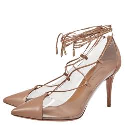 Pre Owned حذاء كعب عالي أكوازورا ملتف حول الكاحل ماجيك بي في سي وجلد بيج مقاس 37