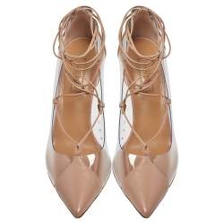 Pre Owned حذاء كعب عالي أكوازورا ملتف حول الكاحل ماجيك بي في سي وجلد بيج مقاس 37