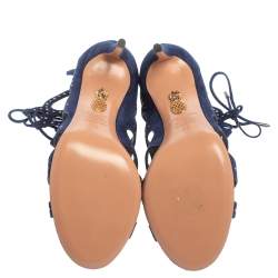 Pre Owned Aquazzura Blue Suede Begum Studded Cut Out Lace Up Sandals Size 38