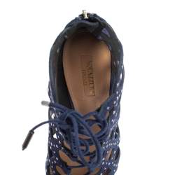 Pre Owned Aquazzura Blue Suede Begum Studded Cut Out Lace Up Sandals Size 38