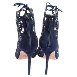 Pre Owned Aquazzura Blue Suede Begum Studded Cut Out Lace Up Sandals Size 38