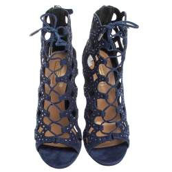 Pre Owned Aquazzura Blue Suede Begum Studded Cut Out Lace Up Sandals Size 38