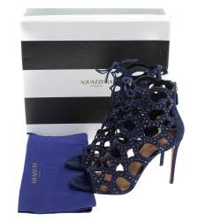 Pre Owned Aquazzura Blue Suede Begum Studded Cut Out Lace Up Sandals Size 38