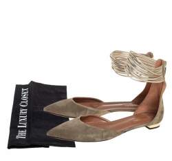 Pre Owned Aquazzura Olive Green Suede Hello Lover Flat Ankle Wrap Sandals Size 39