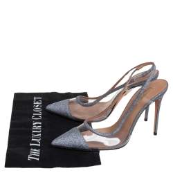 Pre Owned صندل أكوازورا تيمبتاشون بلاستيك مشمع وغليتر فضي فتحة كعب مقاس 37