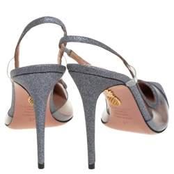 Pre Owned صندل أكوازورا تيمبتاشون بلاستيك مشمع وغليتر فضي فتحة كعب مقاس 37