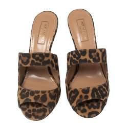 Pre Owned Aquazzura Brown/Black Leopard Print Suede Slide Sandals Size 36